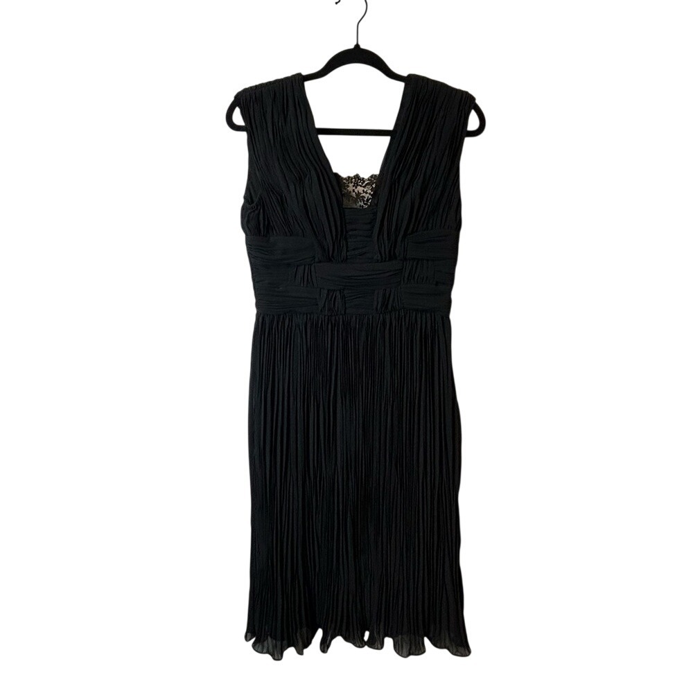 Adrianna Papell Black Pleated‎ Midi Dress Lace Hem & Ruched Waist – Size 8